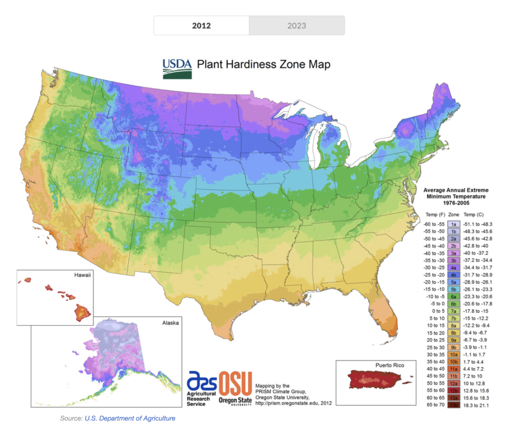 2012 USDA Plant Hardiness Zone Map, retrieved from Julia Simon, "'It Feels Like I'm Not Crazy.' Gardeners Aren't Surprised as USDA Updates Key Map," NPR, 2023.11.17.